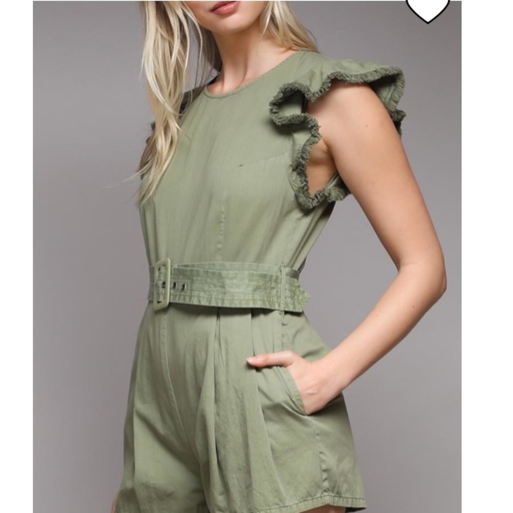 Do+Be Army Green Ruffle-sleeve Romper with Belt